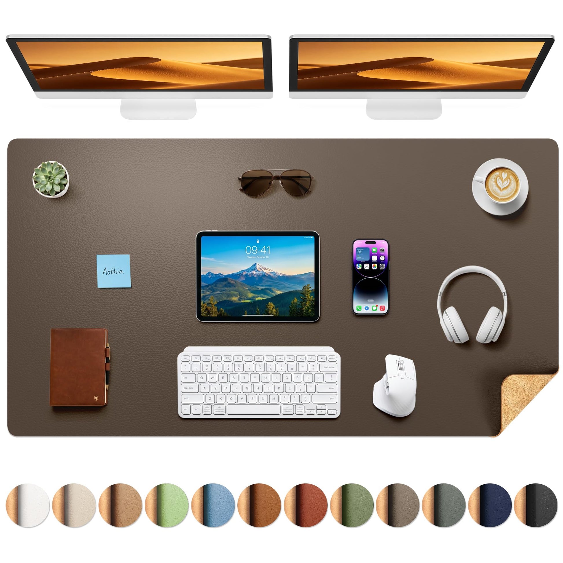 Aothia Cork Desk Mat - Dual-Sided XL PU Leather Desk Pad & Full Desk Protector, Large Waterproof