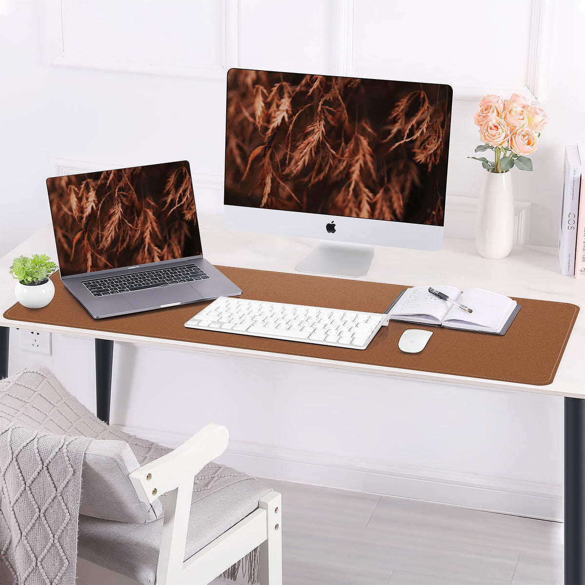 AFIING Leather Desk Pad Protector, Large Desk Mat with Natural Cork & PU Leather, Mouse Pad