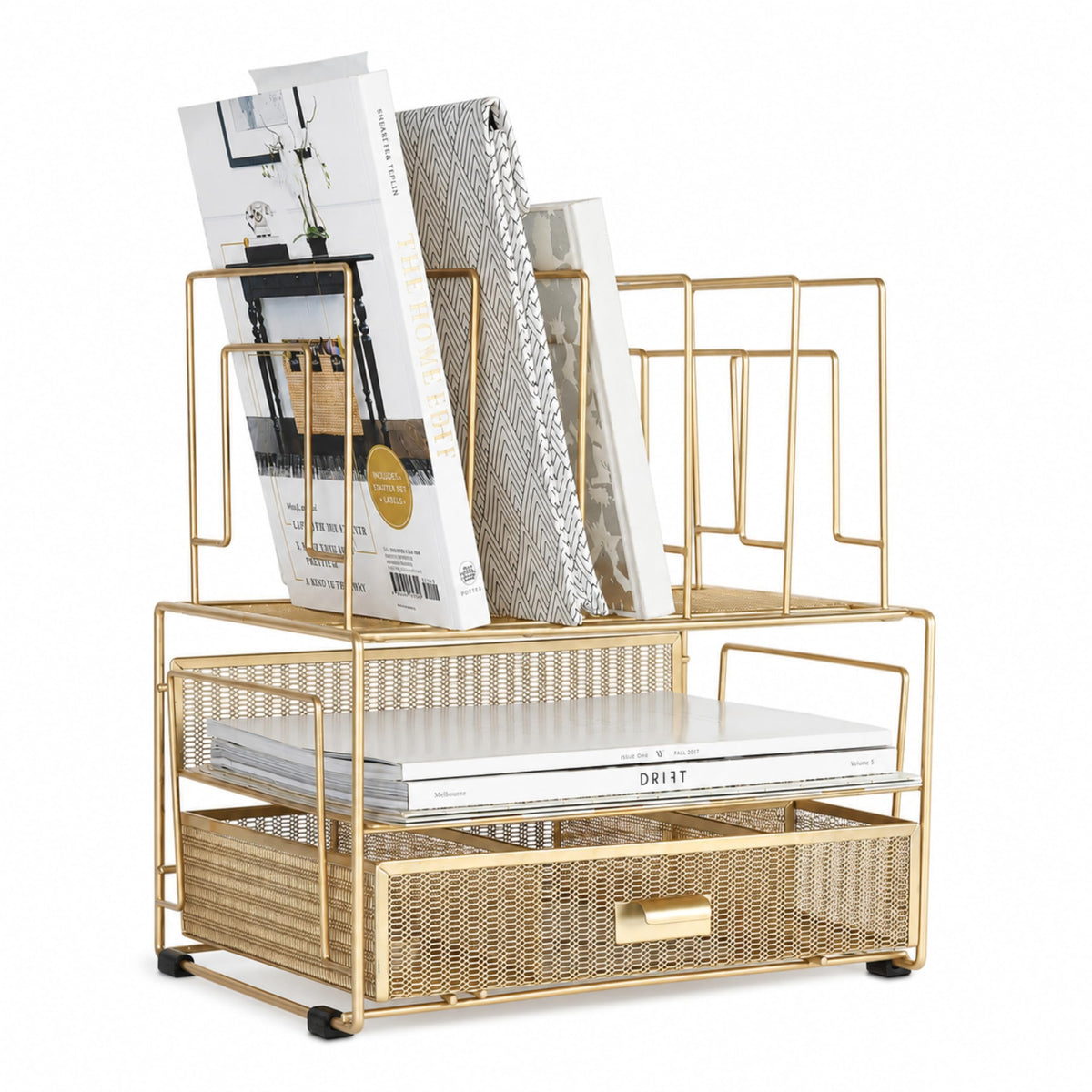 BLU MONACO | Gold Desk Organizer With Drawer | Metal Mesh File Holder & Vertical File Organizer |