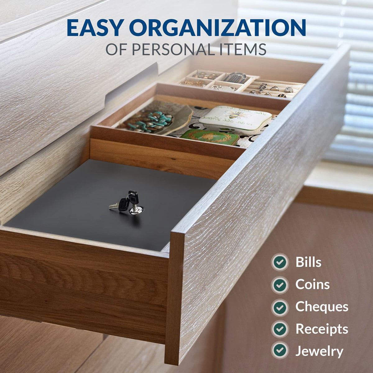 Volcora Cash Drawer Tray with Locking Cover - 14.1 x 13 x 2.5 Inch Metal Cash Lock Box with Lid - 5