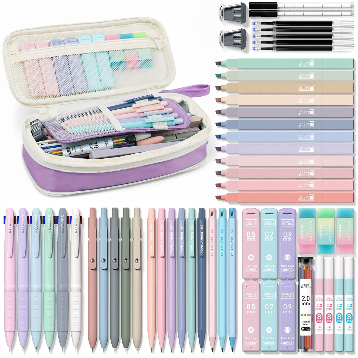 Four Candies 56PCS School Supplies with Pencil Case, Stationery Set, Purple
