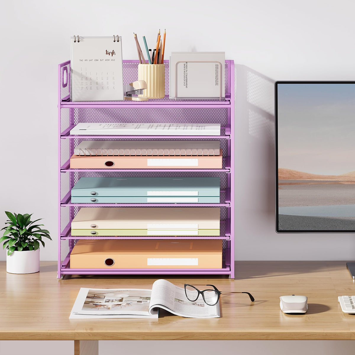 Subekyu 6-Tier Desk Paper Organizer, Desktop File Letter Tray with Handle, Document Sorter and