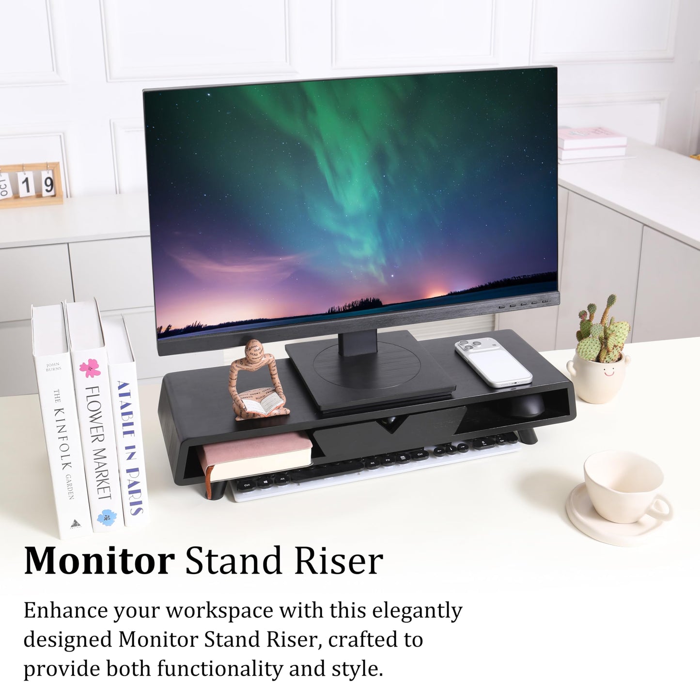 Homerays Monitor Stand with Drawer, Exquisite Computer Monitor Stand for Desk, Ergonomic Wood