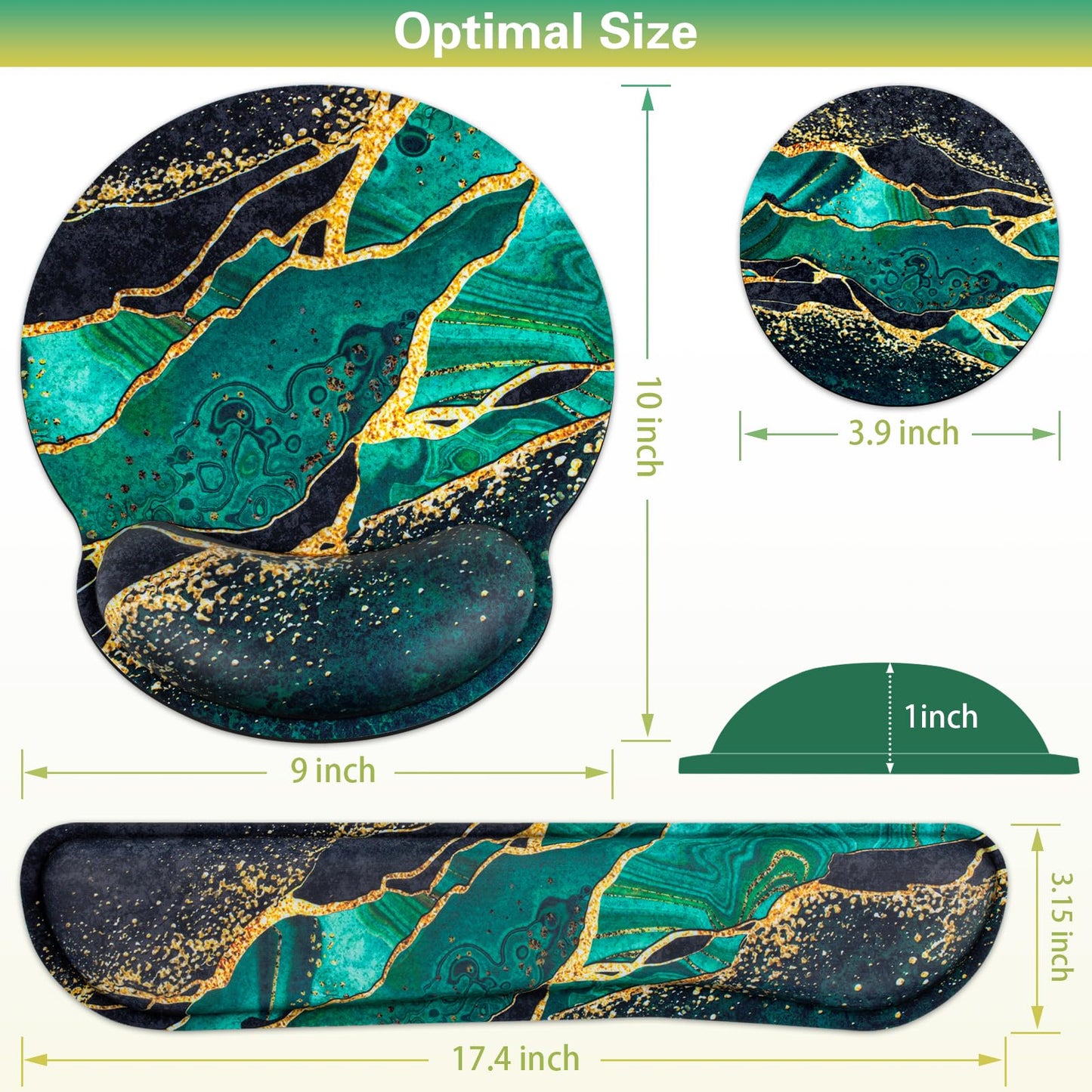 Mouse Pad Green with Wrist Rest Set, 3-in-1 Wrist Support Mousepad
