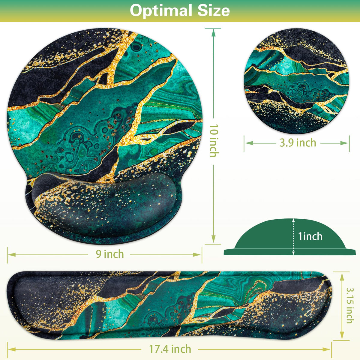 Mouse Pad Green with Wrist Rest Set, 3-in-1 Wrist Support Mousepad