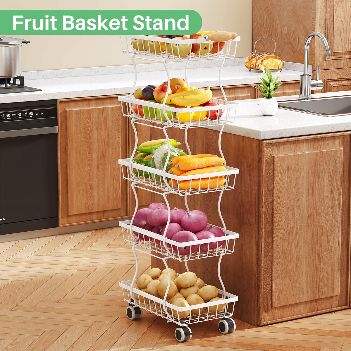 SAYZH 5-Tier Fruit Basket Stand with Vegetable Baskets for Kitchen, White