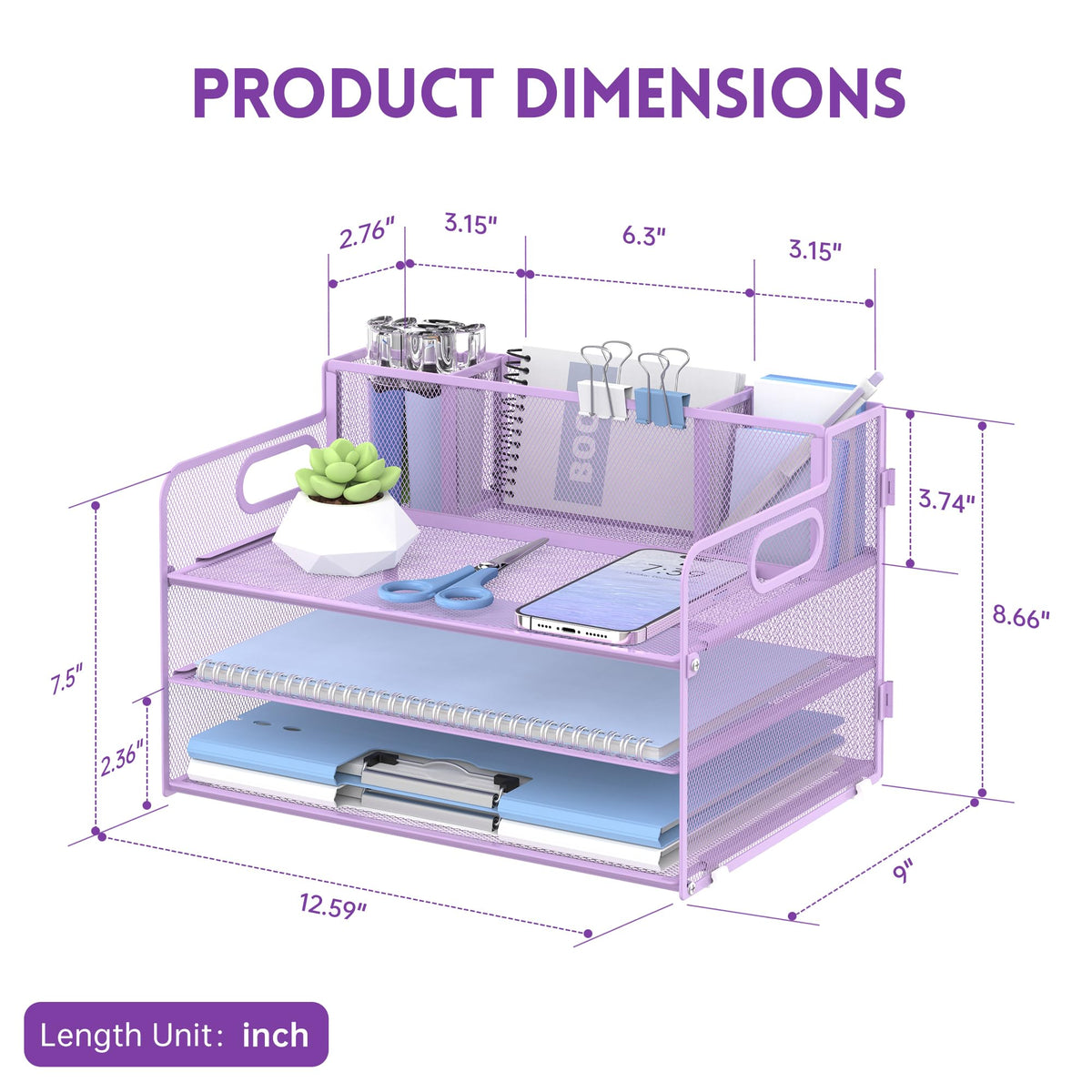 3-Tier Desk Organizer with Pen Holder and Handles, Paper Organizer, Purple
