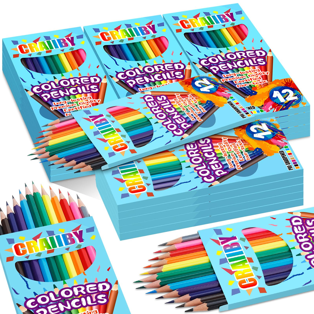 Craiiby Colored Pencils Bulk 288 Count, 24 Packs Pre-Sharpened 12 Colors, Ideal for Classroom