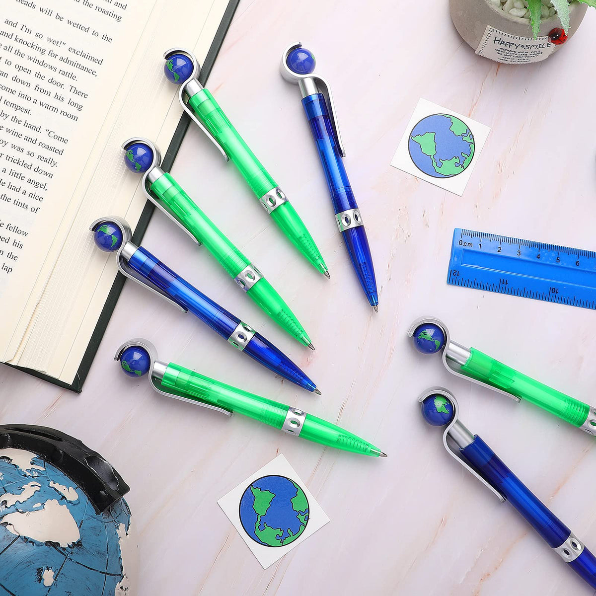 Teling 50 Pcs Earth Retractable Cute Globe Pens Bulk 1.0 mm Tellurion Shape Earth Day Black Ink