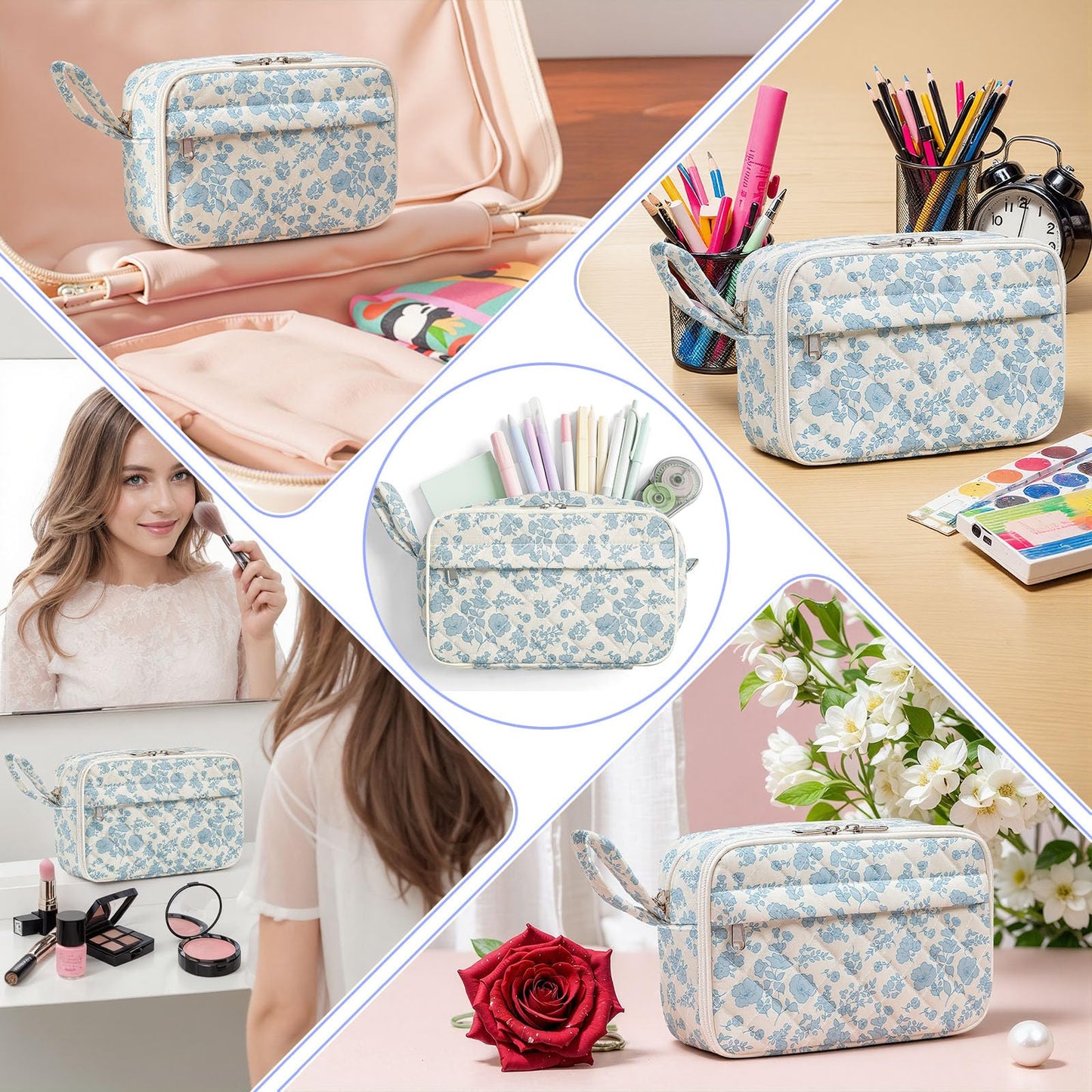 WOBAGMEN Quilted Pencil Pouch for Girls Women, Large Pencil Case Pouch with Compartments Cute