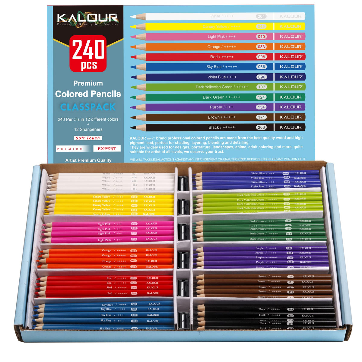 KALOUR Premium Colored Pencils Bulk,12 Assorted Vibrant Colors,240 Count Total,School Classroom