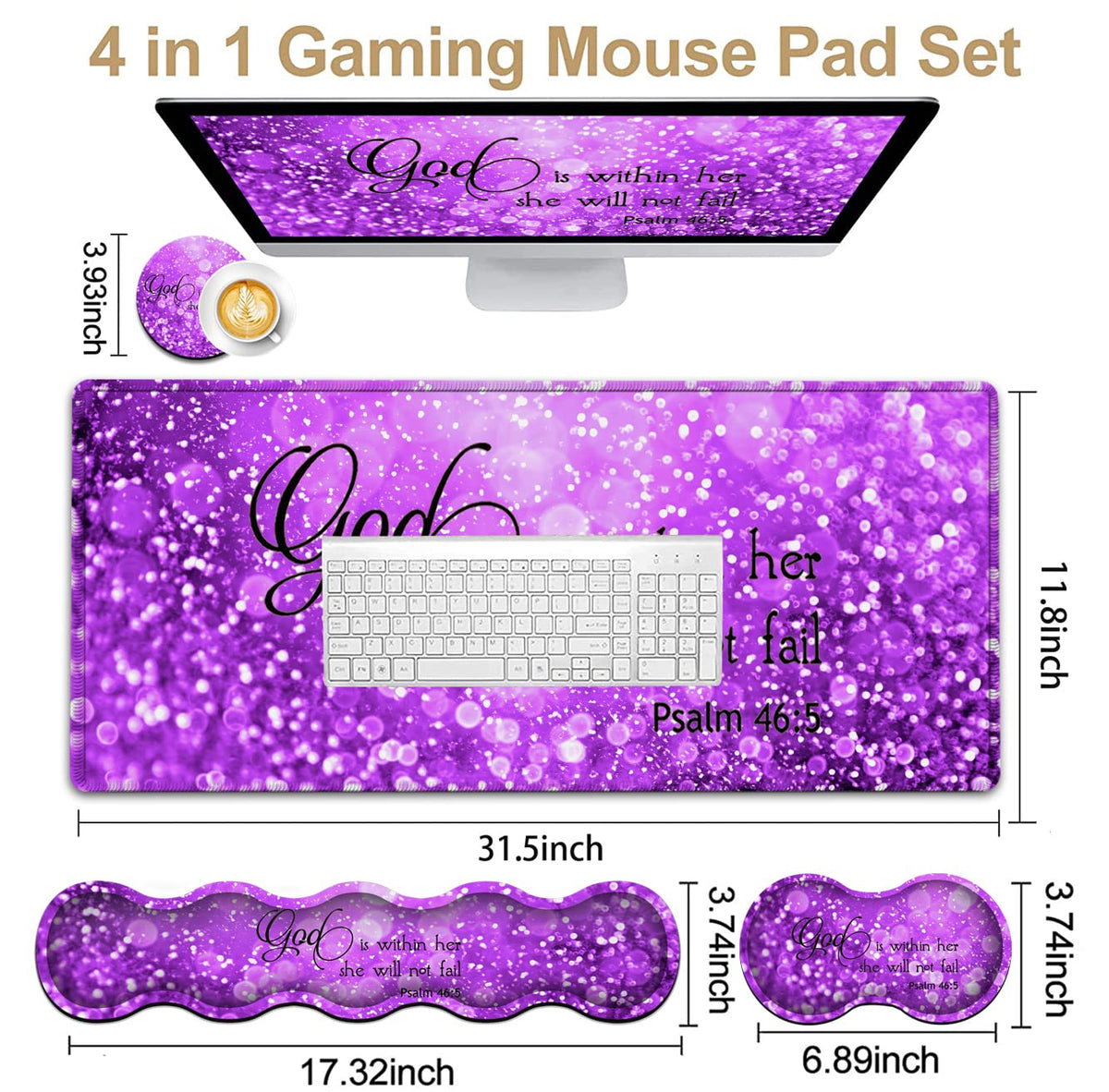 Gaming Mouse Pad XXL Large Desk Mat, Psalm 465 Bible Purple Extended Non-Slip Rubber Mice Pads