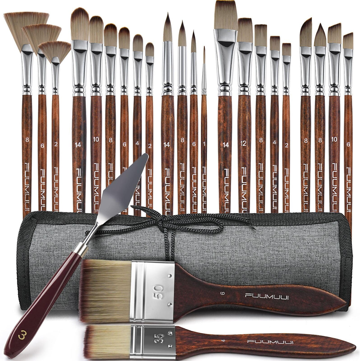 Fuumuui 25pcs Paint Brush Set, Professional 9 Shapes with Wide Flat, Filbert, Fan, Dagger, Cat