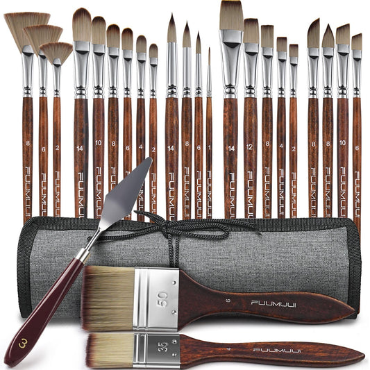 Fuumuui 25pcs Paint Brush Set, Professional 9 Shapes with Wide Flat, Filbert, Fan, Dagger, Cat
