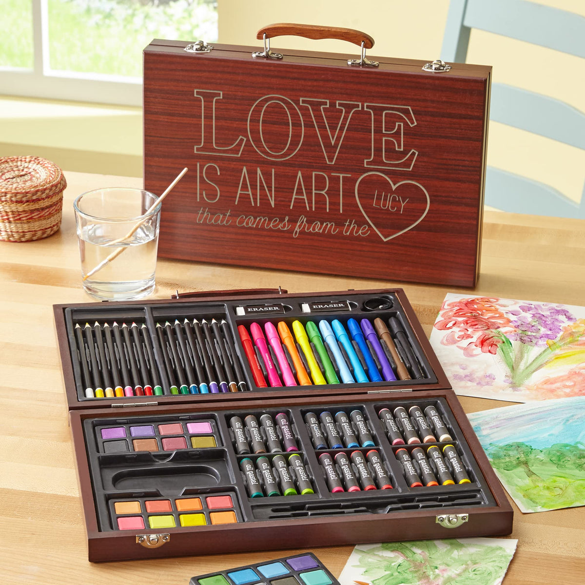 Let's Make Memories Personalized 80-Piece Deluxe Art Set - for Kids - Wood Carrying Case - Oil