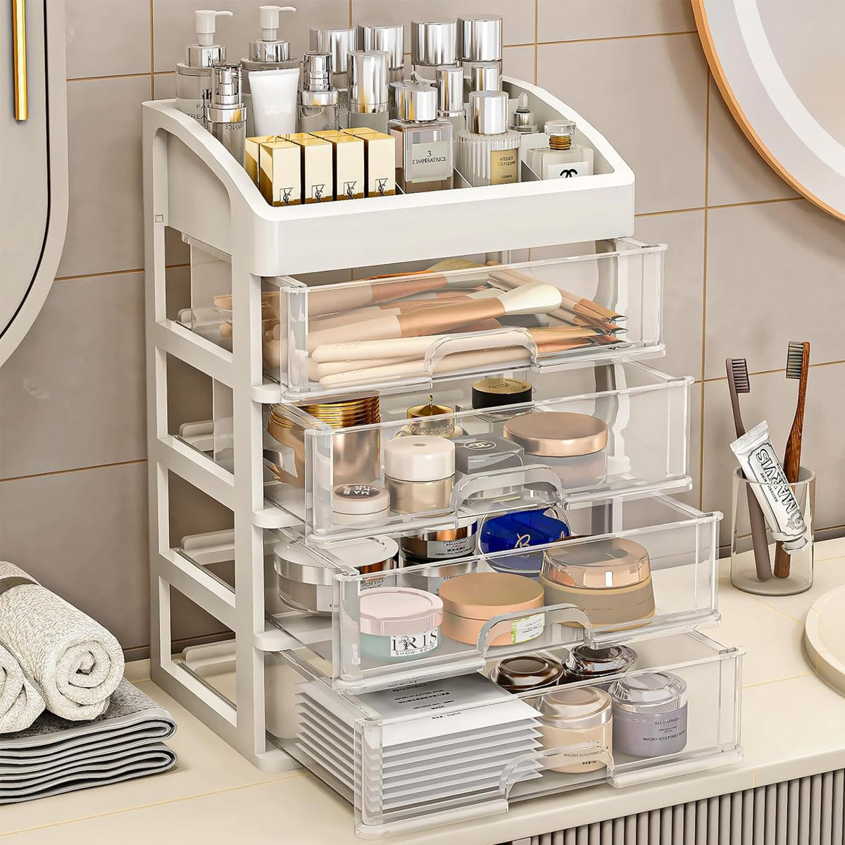 Desk Organizer with 4 Drawer Storage, Desktop Drawers Organizer for Office/School Supplies, Plastic