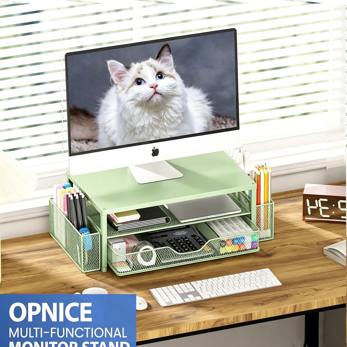 OPNICE Desk Organizers and Accessories, Computer Monitor Stand Riser with Drawer and 2 Pen Holders