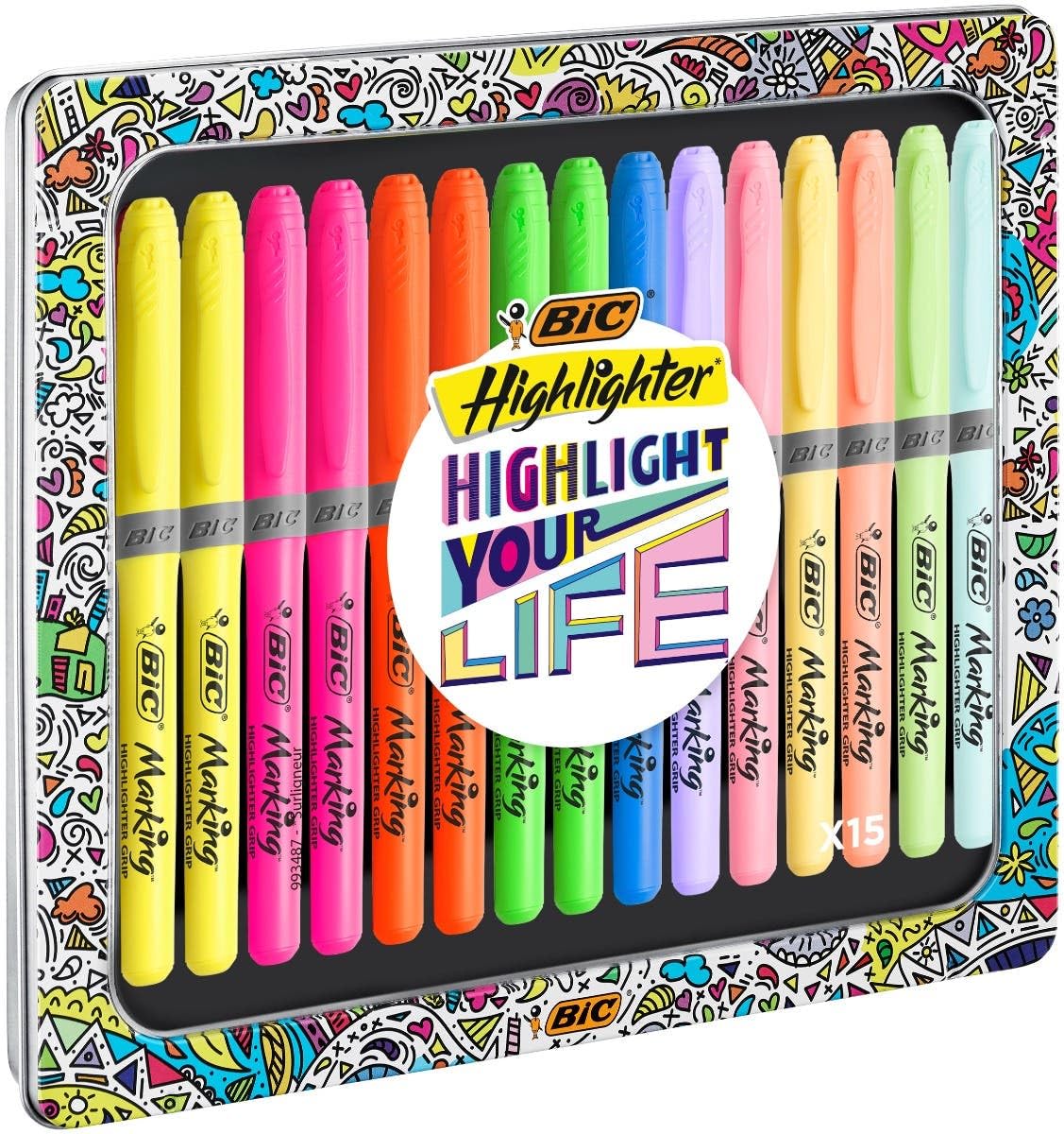 BIC Highlighter Collection Box, Assorted Intense and Pastel Colours, in Convenient Metal Gift Box