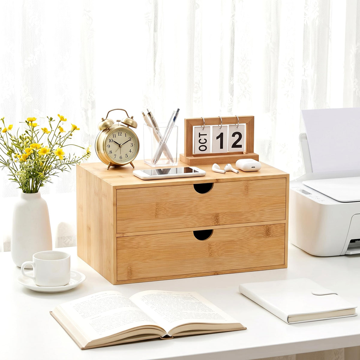 Bamboo Desk Organizer with Drawers, Desktop Storage for Office Supplies