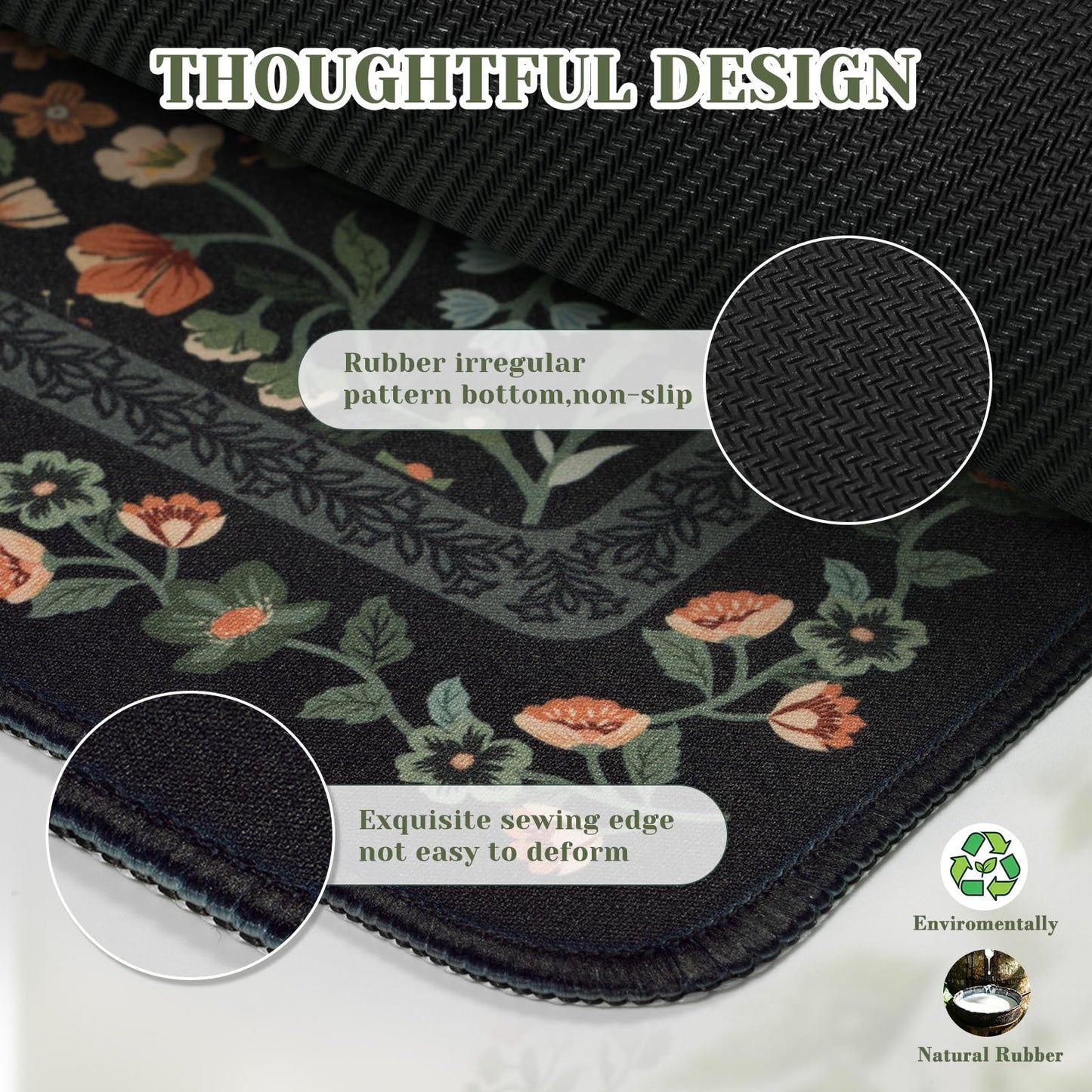 iCasso Aesthetic Floral Desk Mat,Retro Mouse Pads,31.5x11.8in, Black