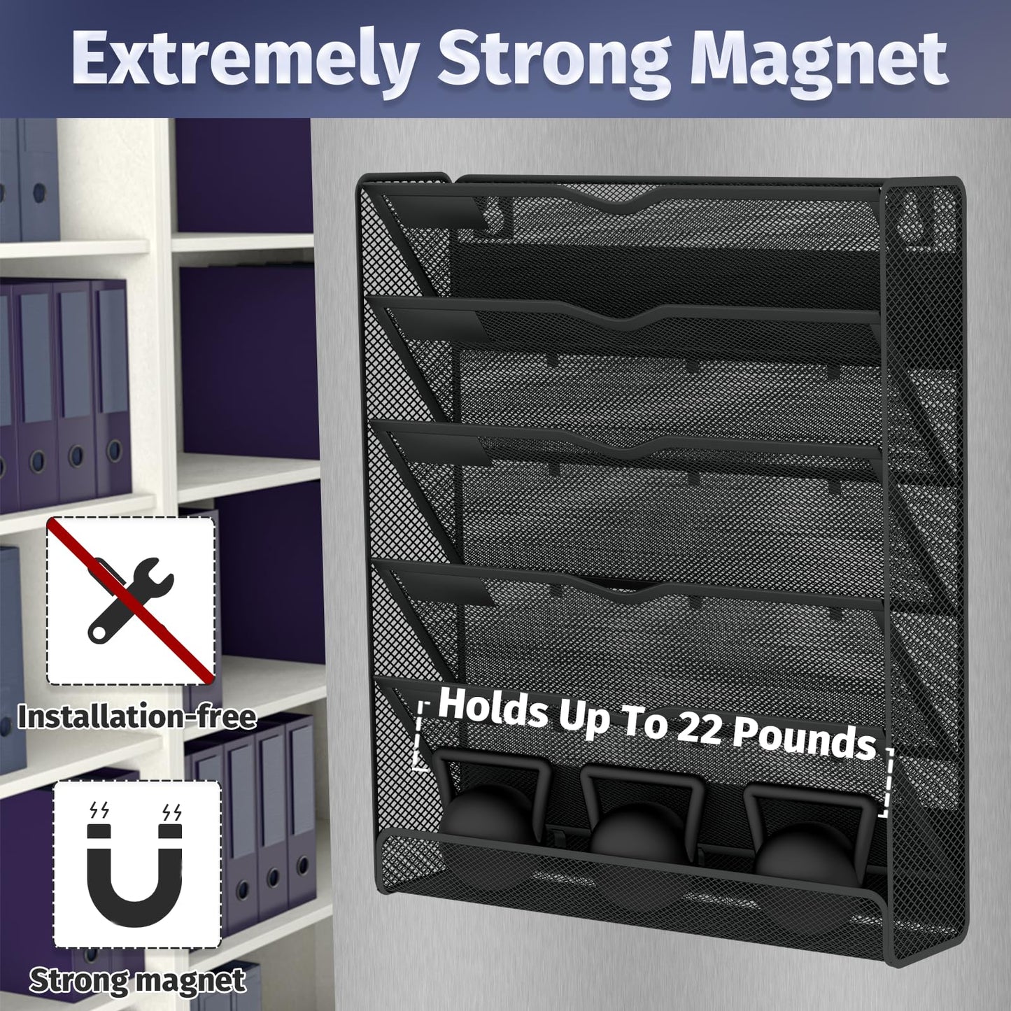Ounyoizs 6-Tier Magnetic File Holder, Large Capacity File Cabinet Organizer, No-Drill Mount Hanging