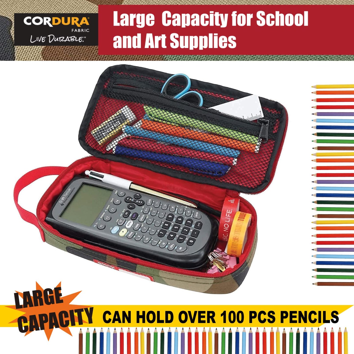Rough Enough Large Camo Pencil Case for Boys Kids, Stationery Organizer