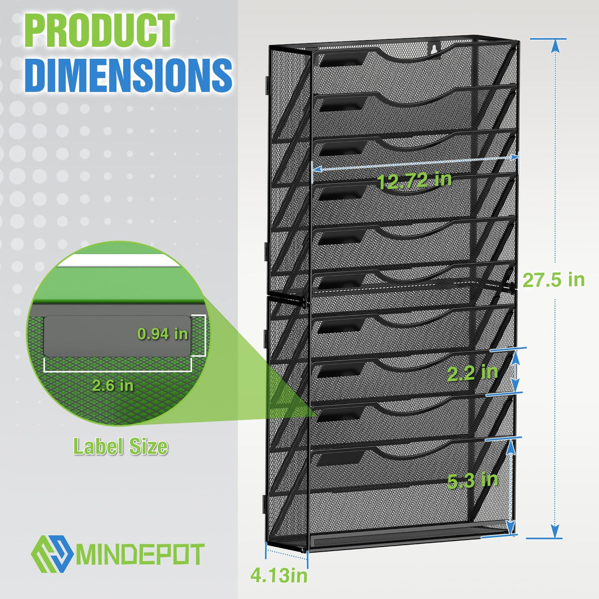 MINDEPOT 11 Tier Wall File Holder Hanging Wall Mount Paper File Organizer for Mails Folders