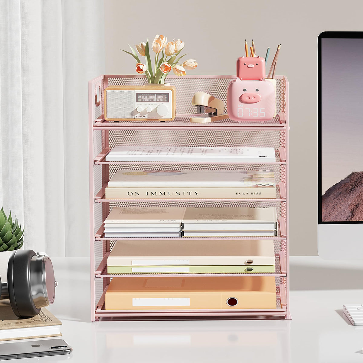 Subekyu 6 Tier Office File Paper Desk Tray Organizer with Handle, Stackable Slide Mesh Letter Tray