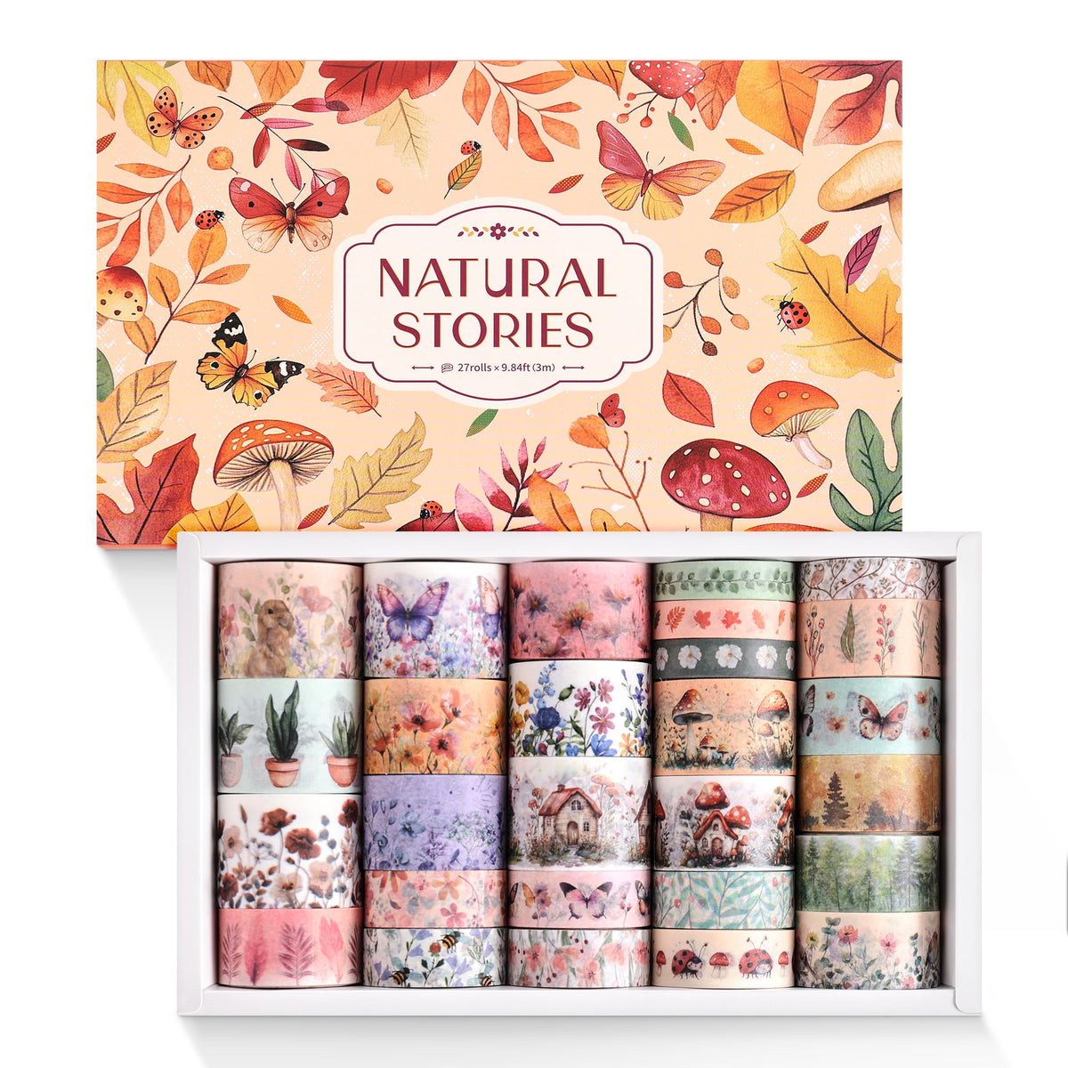 PAGEMORE 27 Rolls Vintage Washi Tape Set, Floral Butterfly Forest Mushroom Botanical Flower