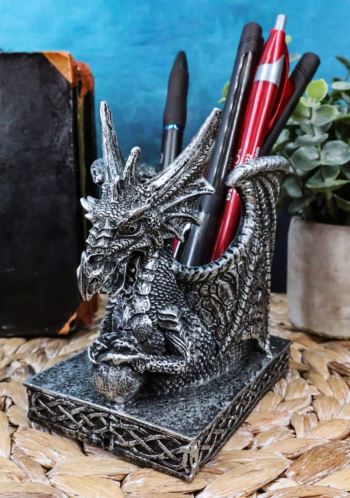 Ebros Gift Shenlong Spirit Dragon Orb Stationery Holder Figurine 4.75" H Office Desktop Accessory