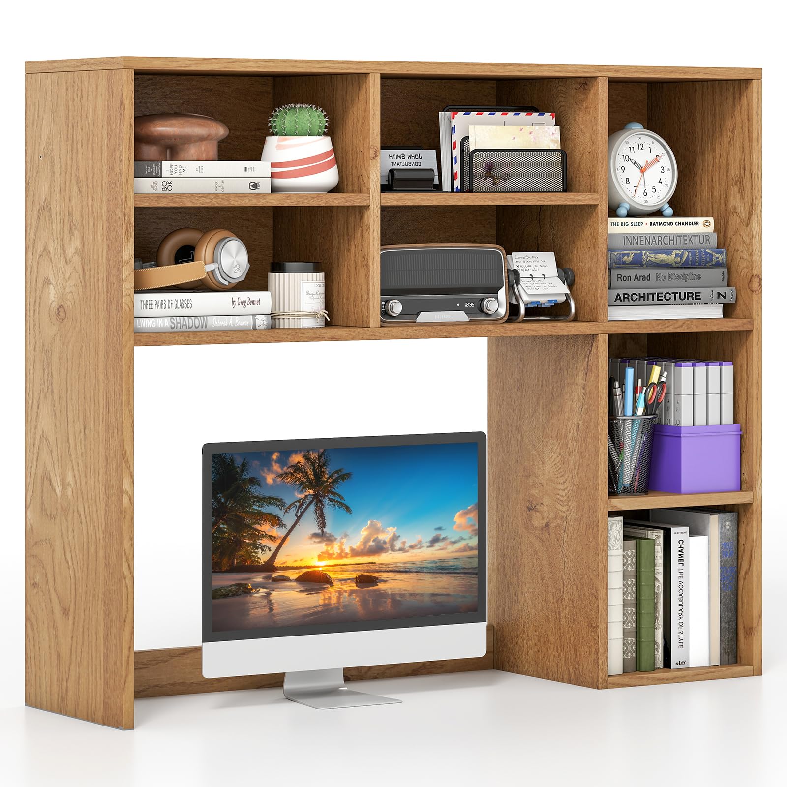 Giantex Desktop Bookshelf, Desk Hutch Dorm w/ 7 Cubes & 3 Adjustable Shelves, Desk Shelf for Up to