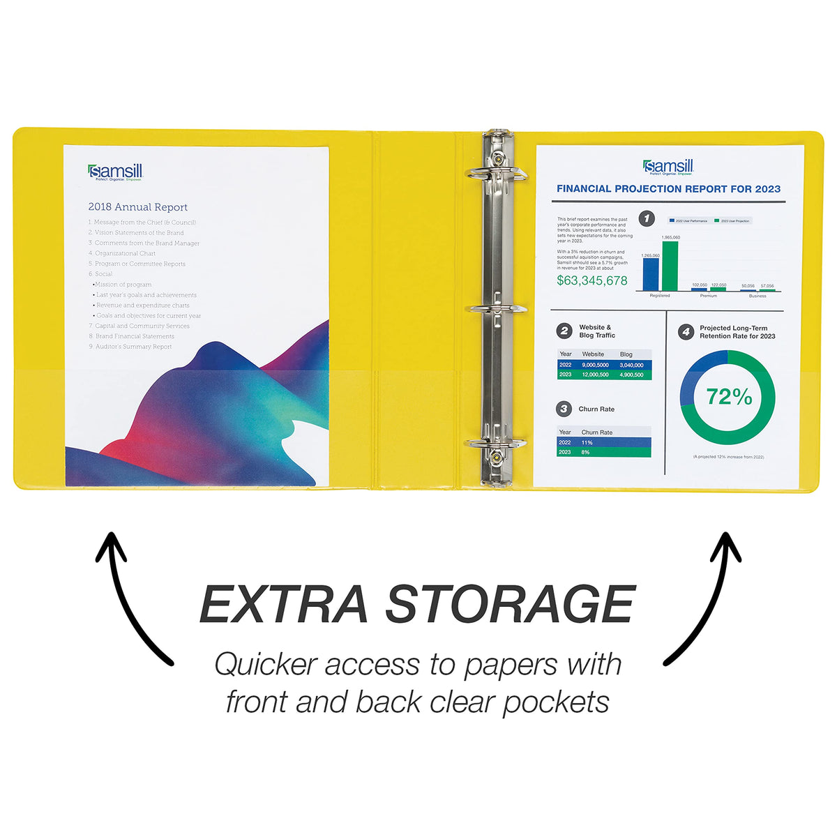 Samsill Durable 2 inch 3 Ring Binder, D Ring Binder, 100% Recycled Chipboard, Yellow, 4 Pack