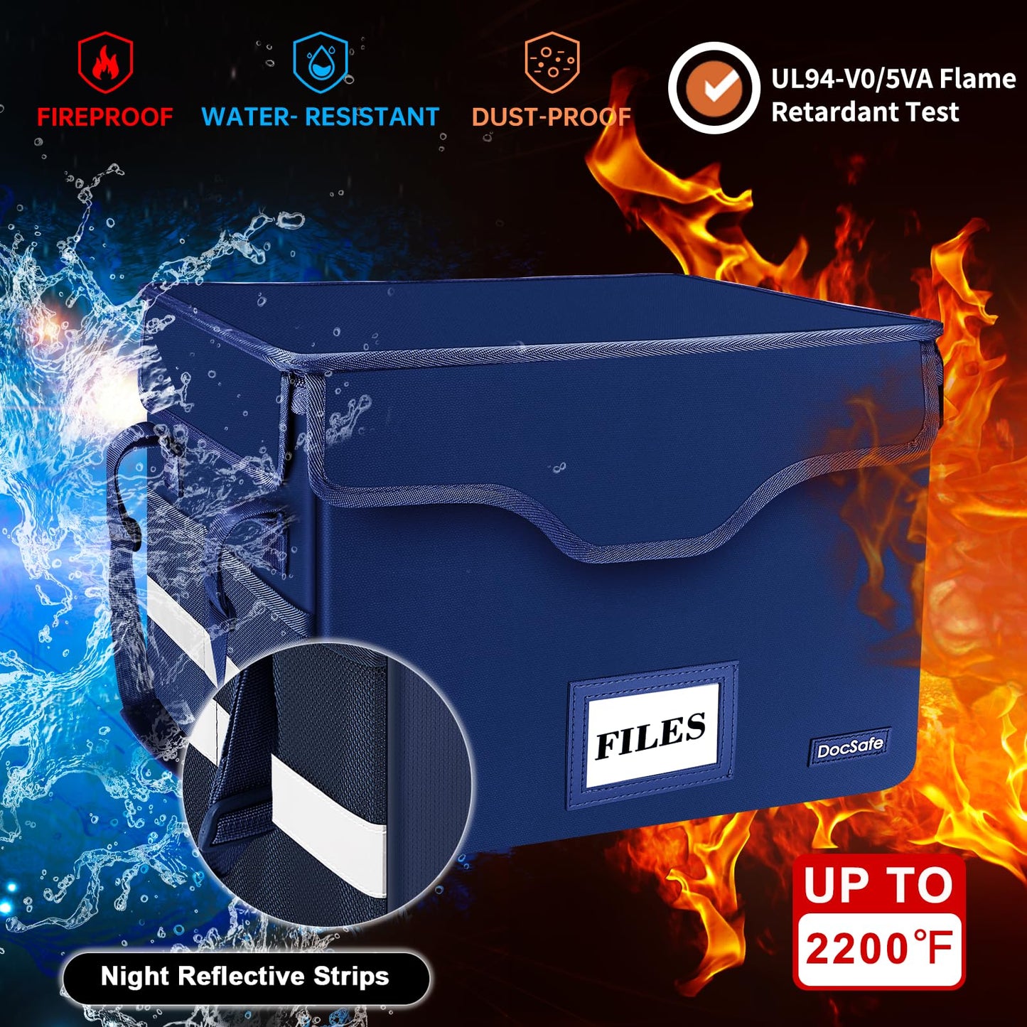 DocSafe Fireproof Document Box with Lock,File Storage Organizer with Pockets,Collapsible Portable
