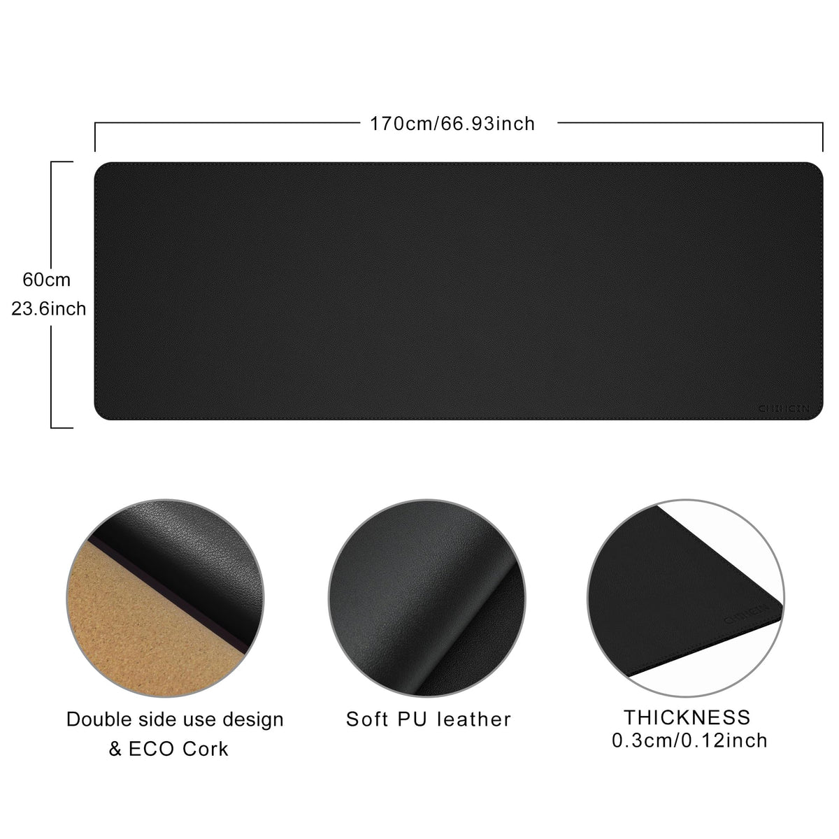 Chihein 67” x 24” Cork & PU Leather Desk Mat (Black) - Huge Mouse Pad, Double Sided Waterproof Desk