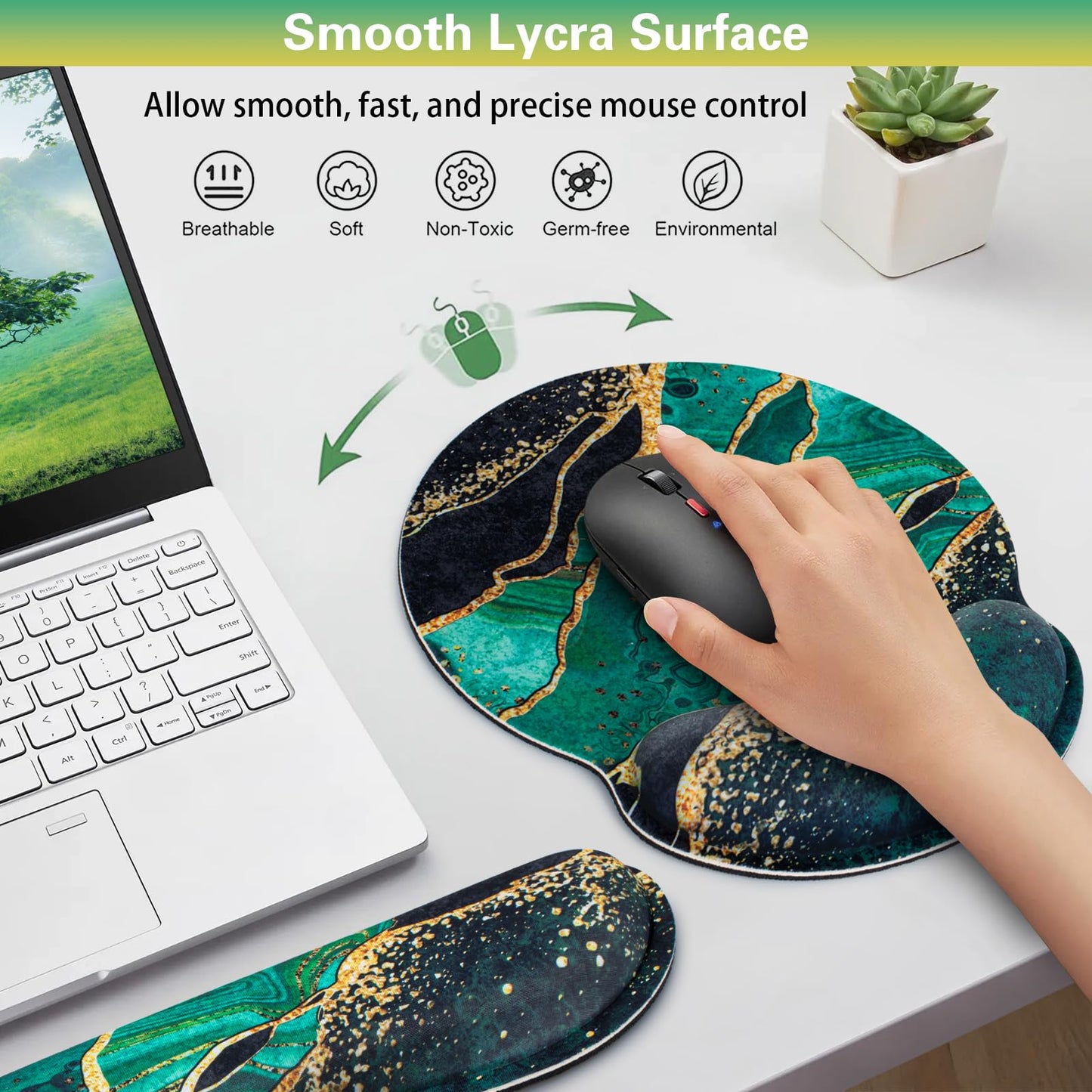 Mouse Pad Green with Wrist Rest Set, 3-in-1 Wrist Support Mousepad