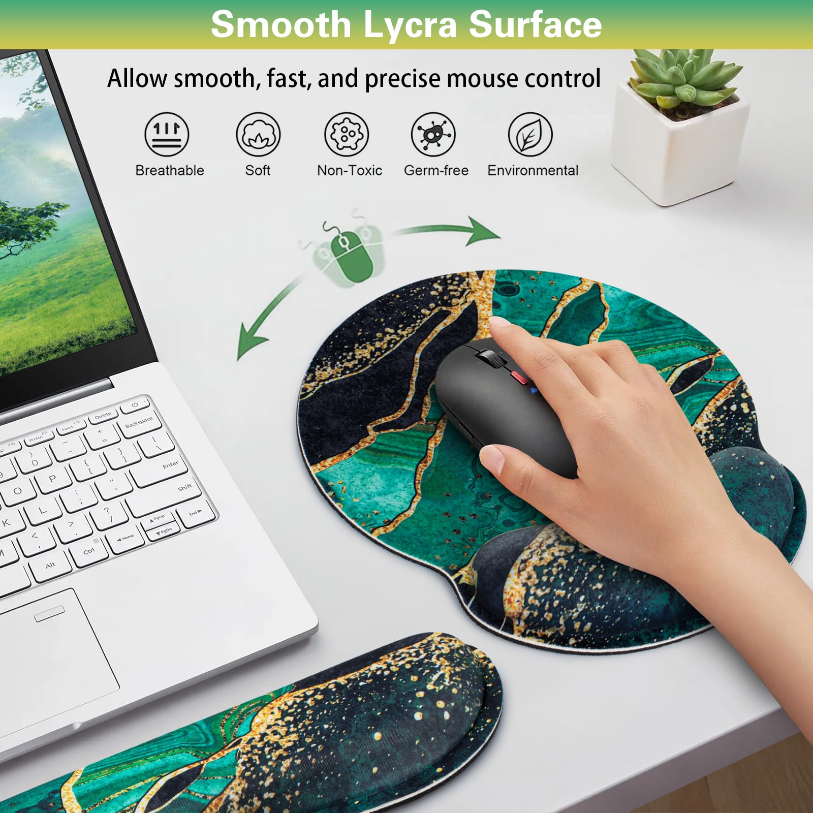 Mouse Pad Green with Wrist Rest Set, 3-in-1 Wrist Support Mousepad