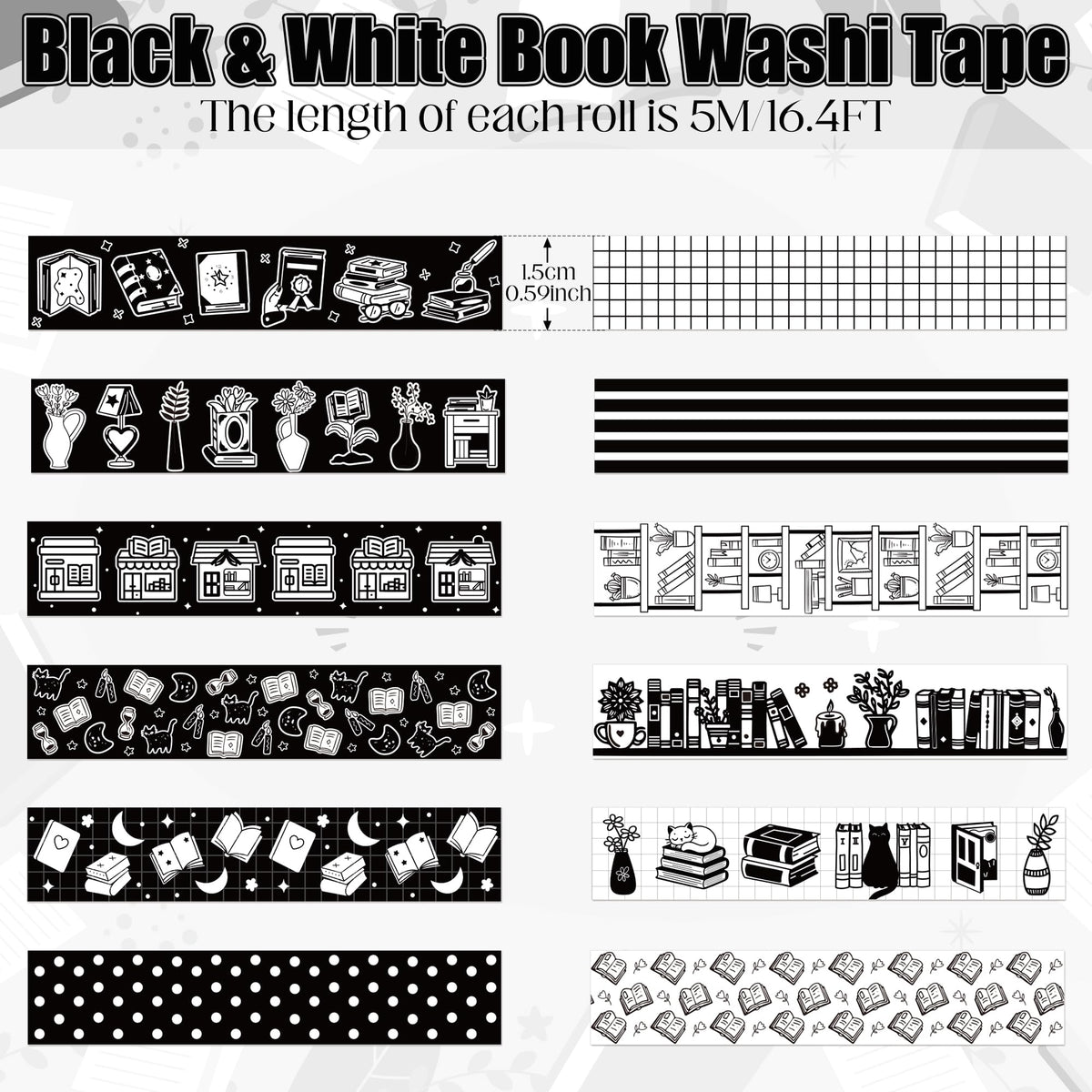 BkeeCten12 Rolls Black White Reading Book Library Theme Designs Washi Tape