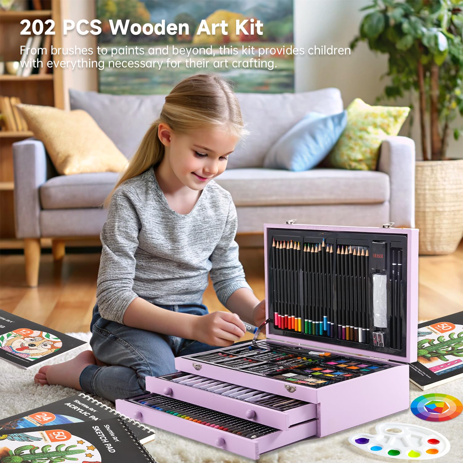 Shuttle Art Deluxe Gift Art Kit, 202-Piece Wooden Art Supplies Set with 4 Drawing Pads, Canvases
