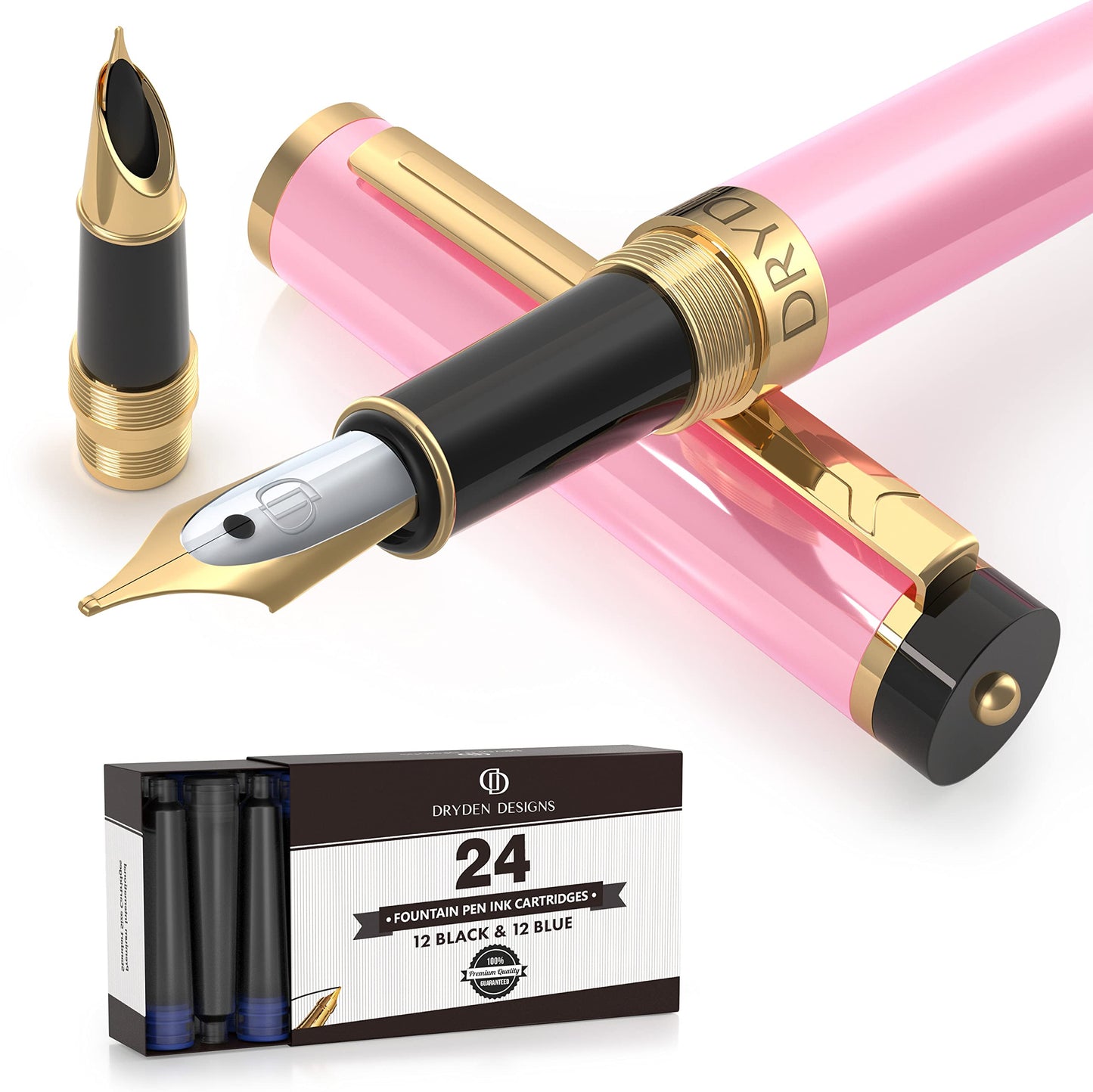 Dryden Designs Fountain Pen - Medium and Fine Nibs | Includes 24 Ink Cartridges and Ink Refill