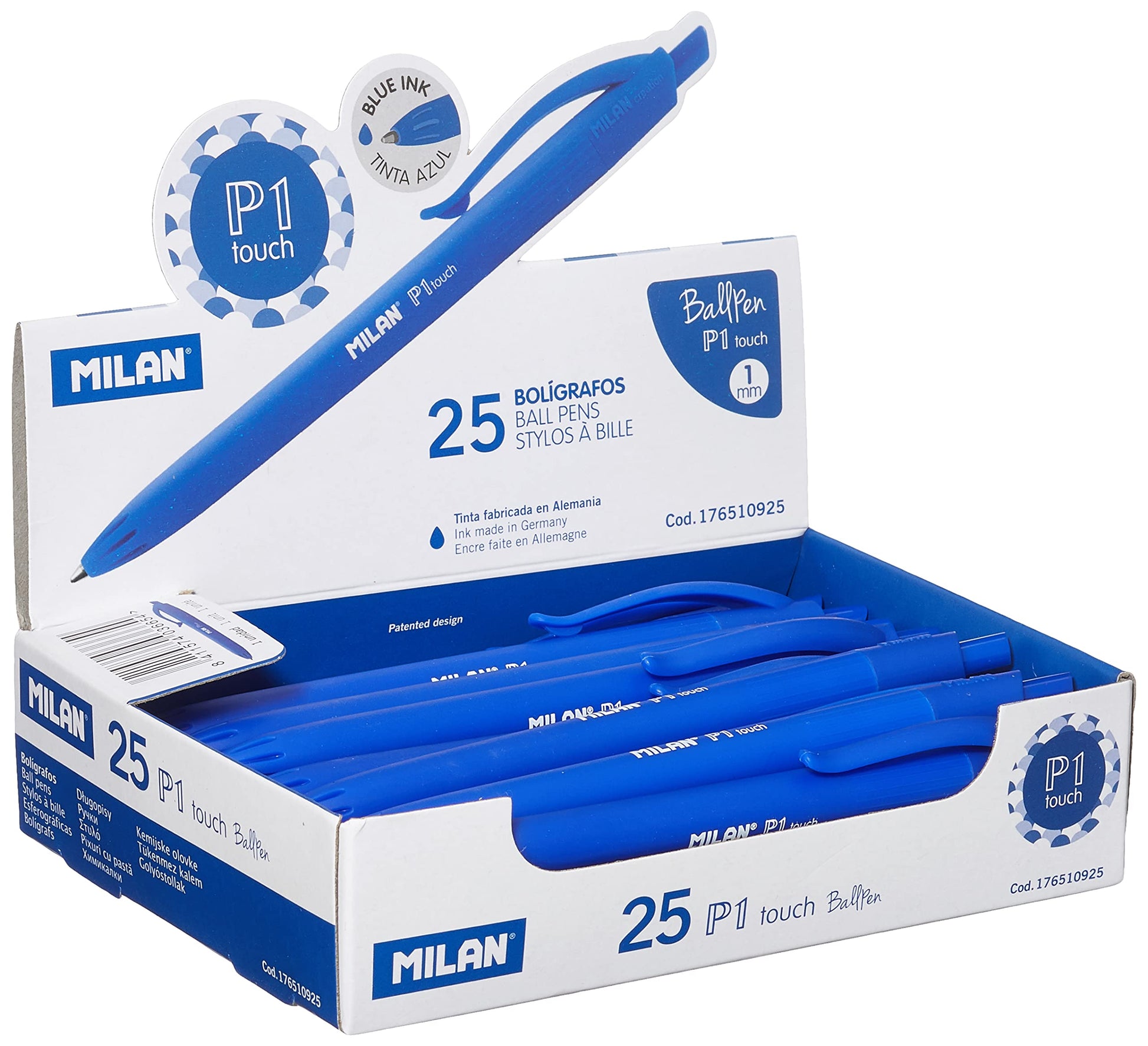 Milan P1 Touch Ball Point Pen, Box of 25, Blue