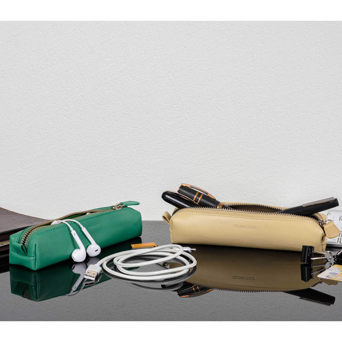 DiLoro Leather Zippered Fountain Ballpoint Rollerball Pens and Pencils Case Holder Pouch Genuine
