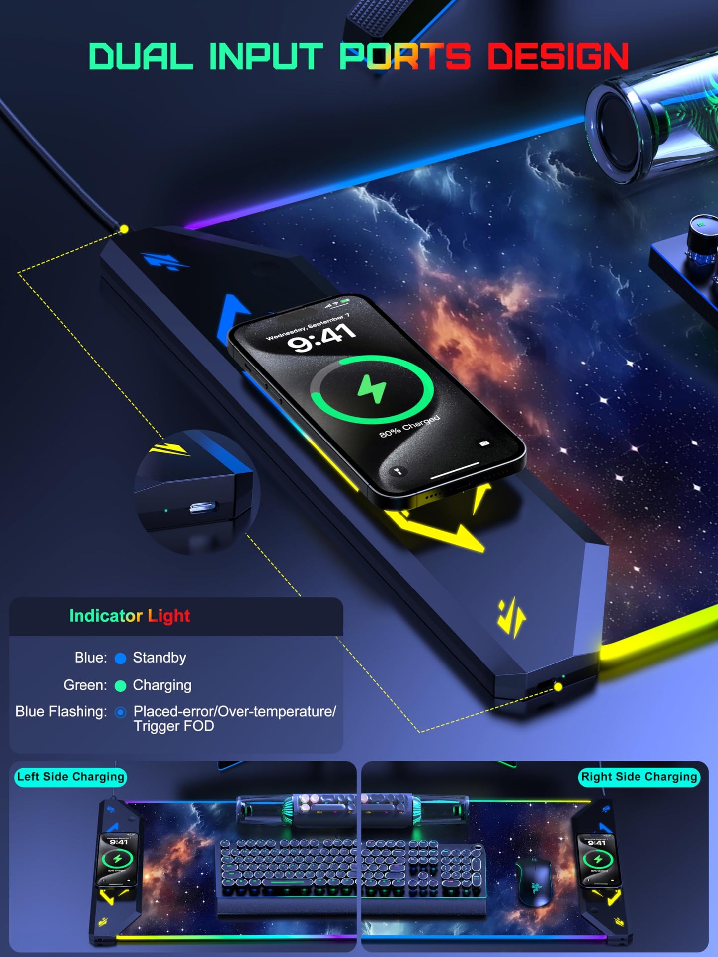 5-in-1 RGB Mouse Pad with Wireless Charging, Gaming Desk Mat, Blue Nebula