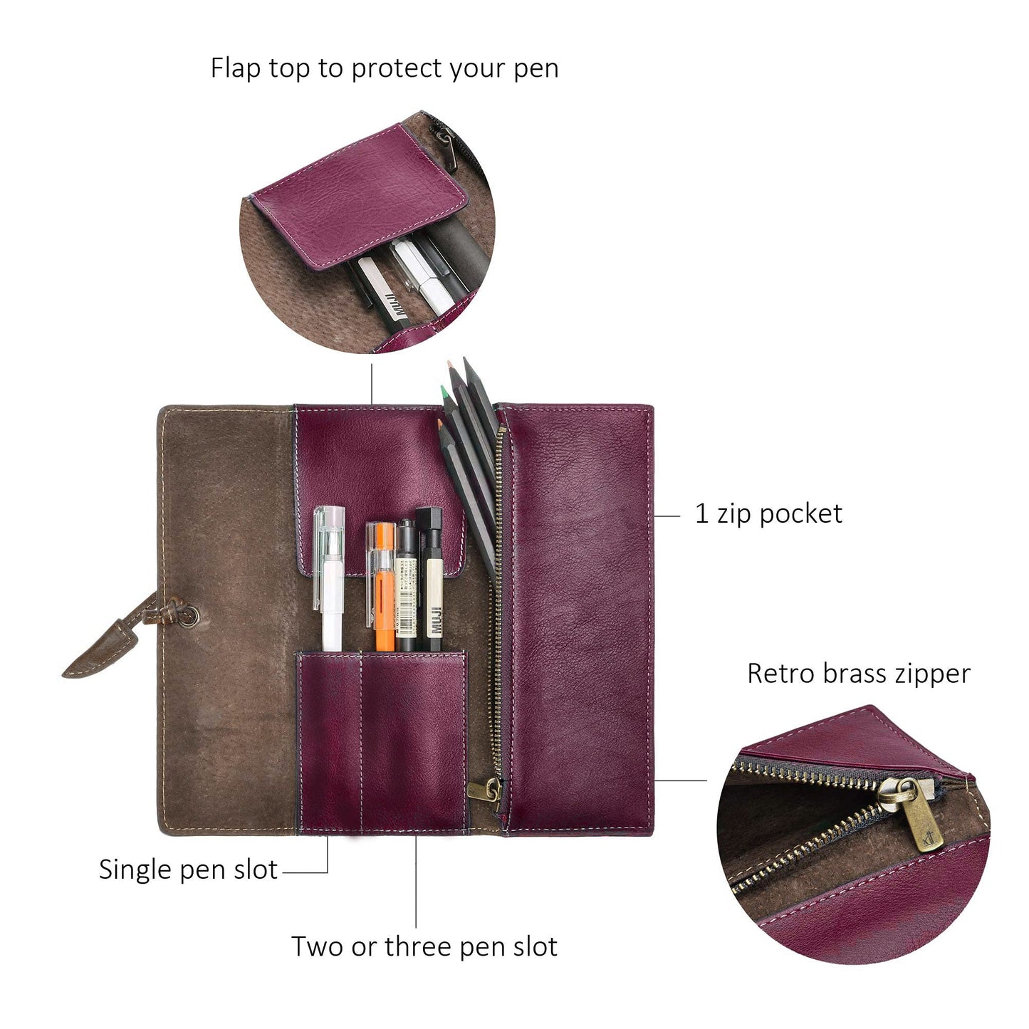 ZLYC Handmade Leather Pencil Case Soft Roll Bag Stationery Gift,Burgundy