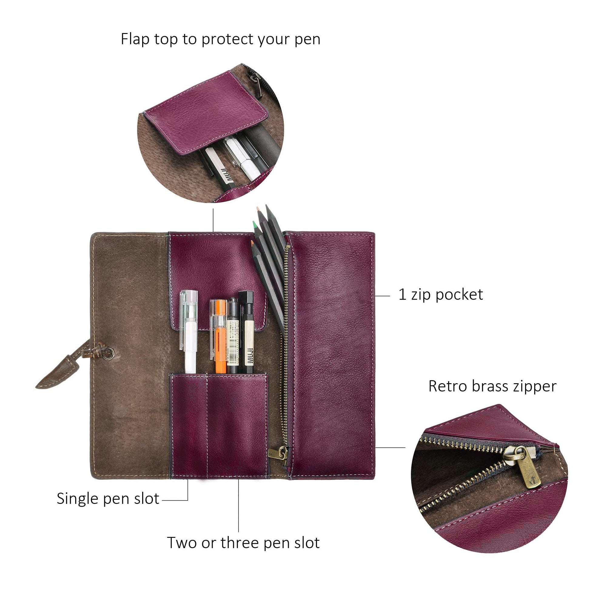 ZLYC Handmade Leather Pencil Case Soft Roll Bag Stationery Gift,Burgundy