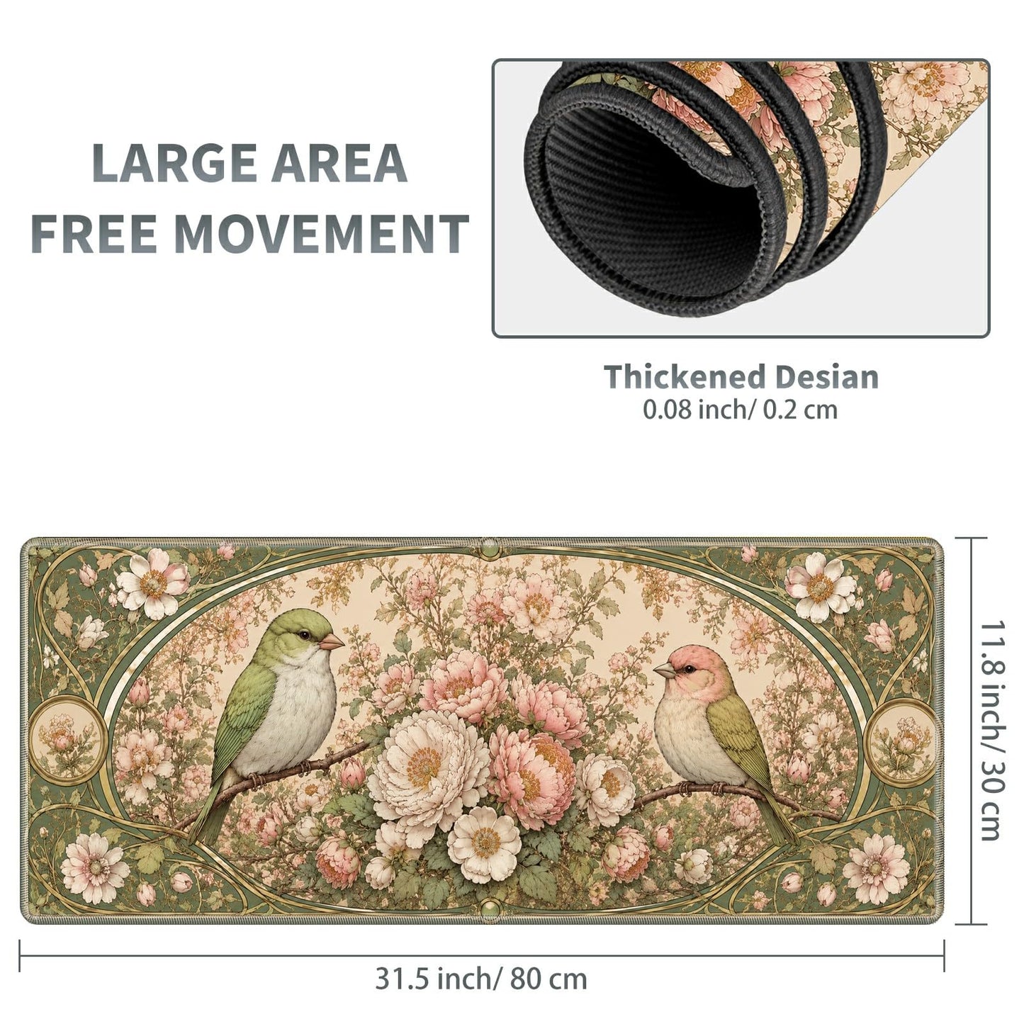 Vintage Floral Birds Large Mouse Pad, 31.5 x 11.8 in Extended Desk Mat