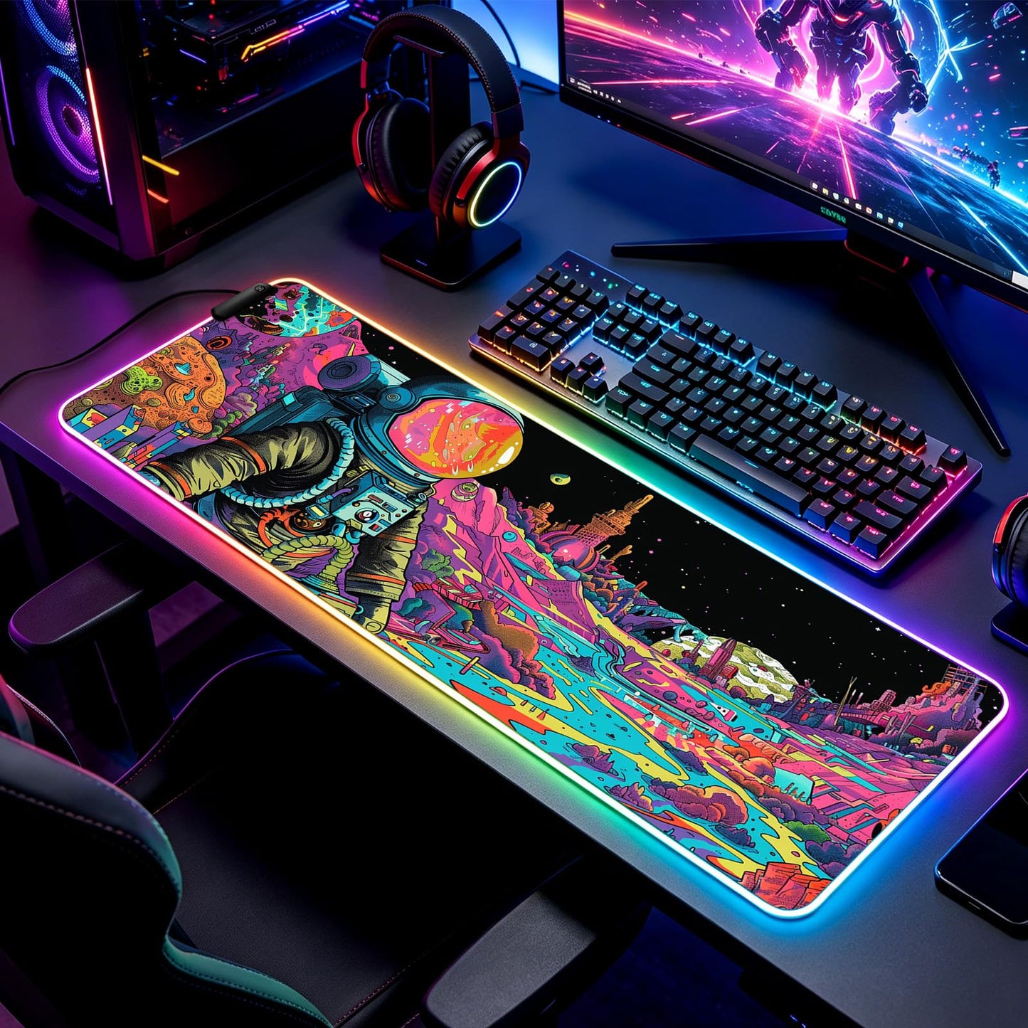 JIANG100 RGB Fantasy Cosmic Astronaut Gaming Desk Mat, XL Mouse Pad