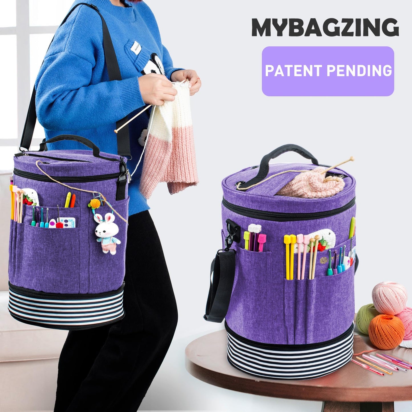 MYBAGZING Expandable Crochet Bag Organizer w/Yarn Grommets& Zipper Closure