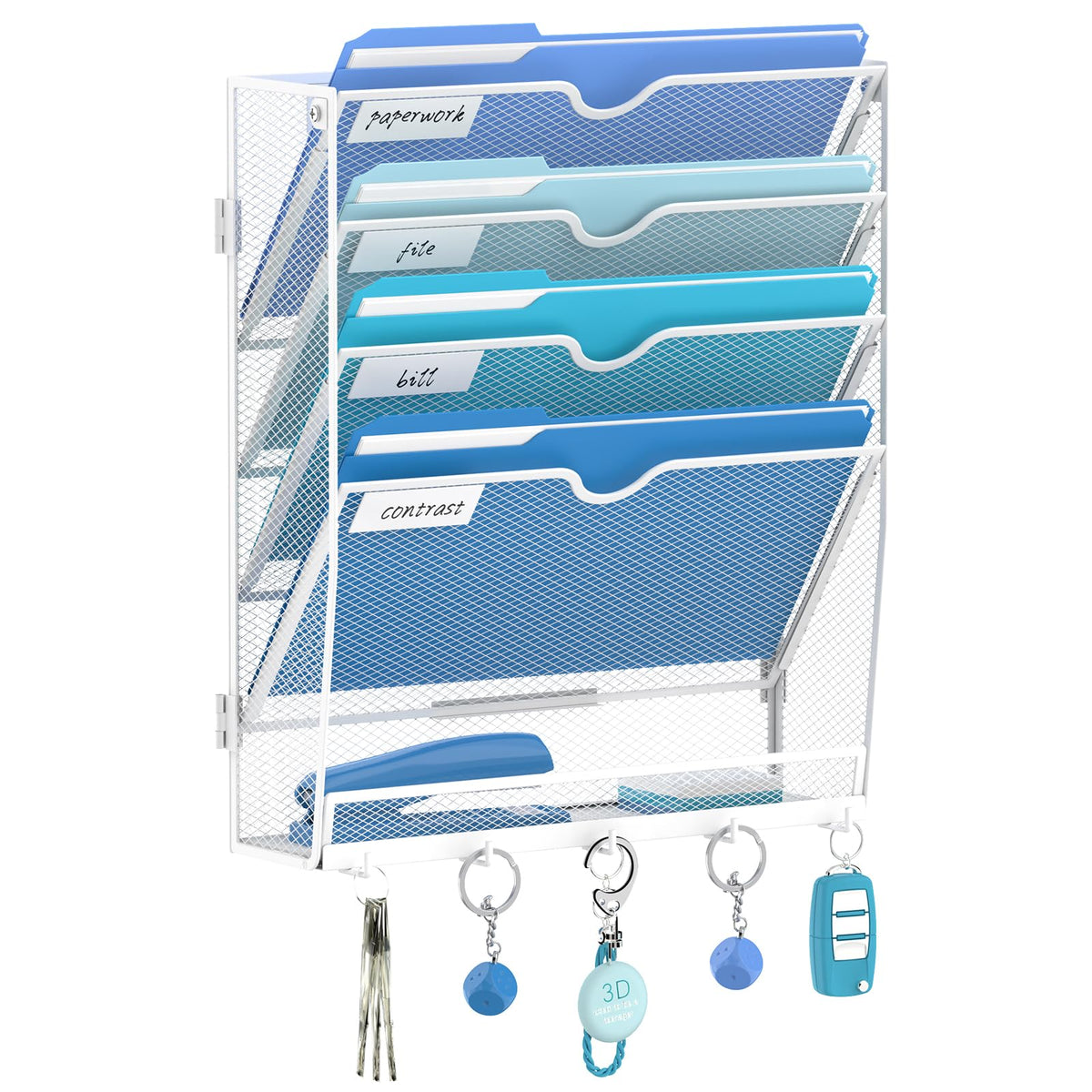 JMHUD 5-Tier Wall File Organizer and Mail Organizer with 5 Hooks, White