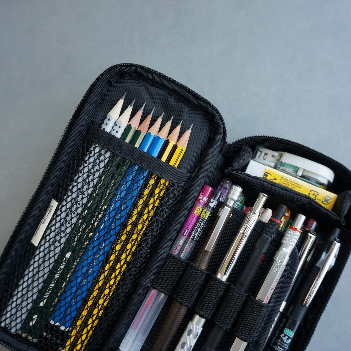 LOONLOON 663 Stone PU Leather Pencil Case, Two-Tier Pen Pouch, Black