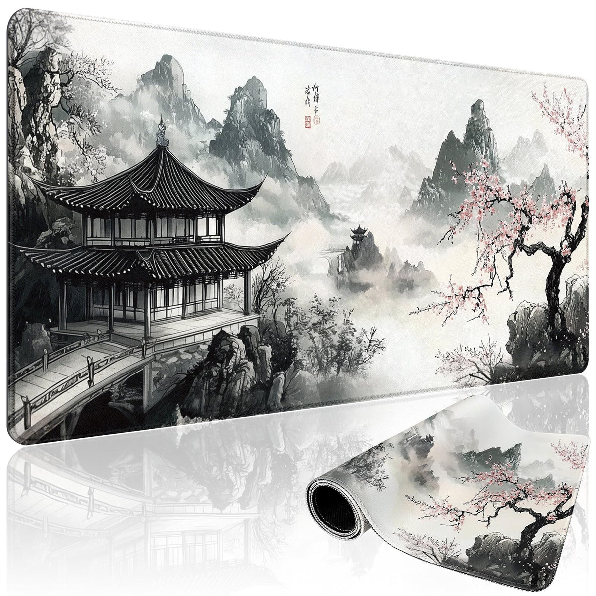 Mcapirivo Japanese B&W Cherry Blossoms Gaming Mouse Pad Desk Mat 31.5"x15.7